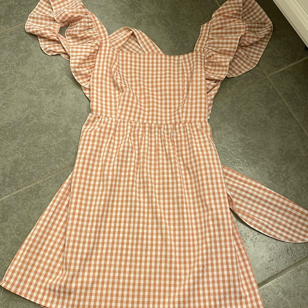 Gingham Print Square Neck Butterfly Sleeve Tie Backless
Dress